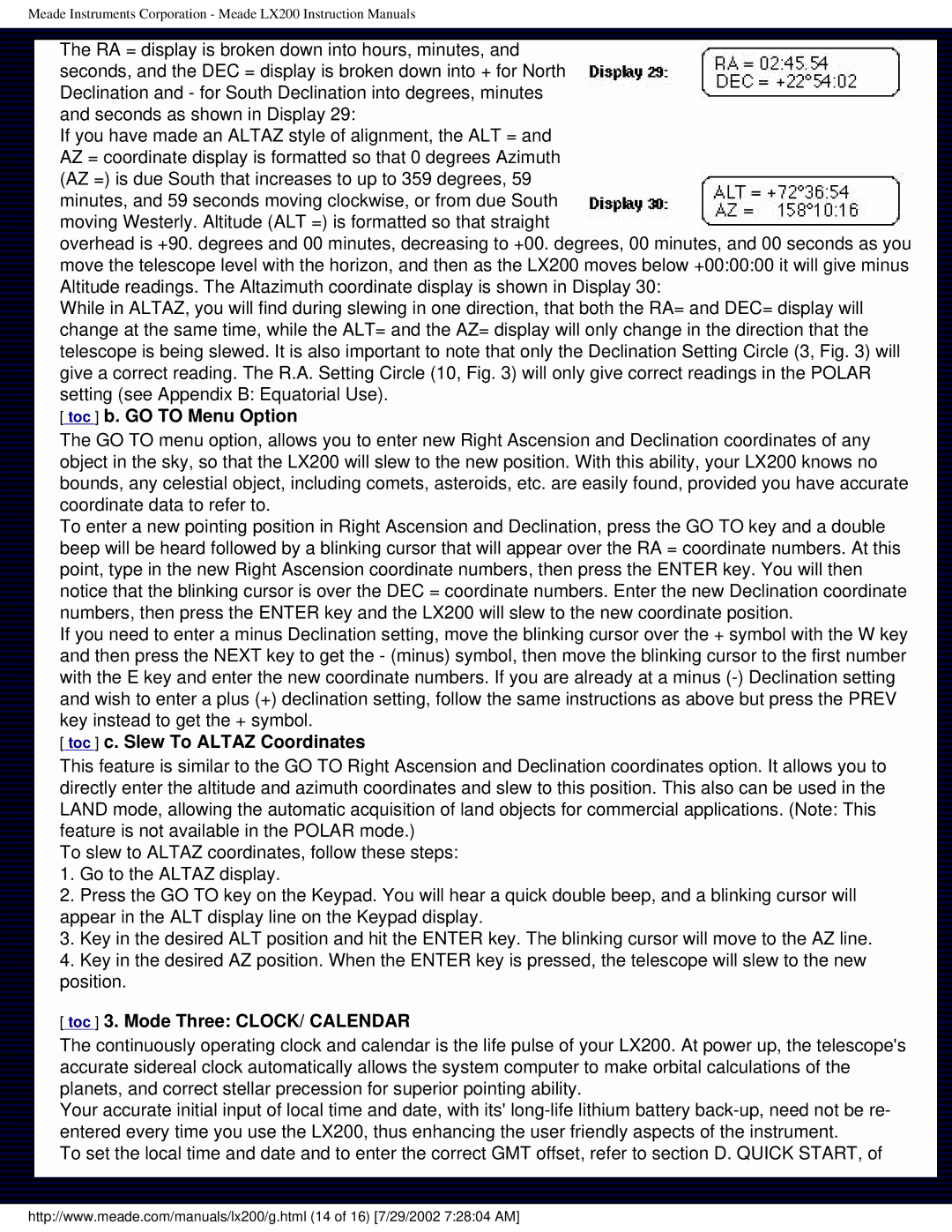 Meade LX200 Toc b. GO to Menu Option, Toc c. Slew To Altaz Coordinates, Toc 3. Mode Three CLOCK/ Calendar 