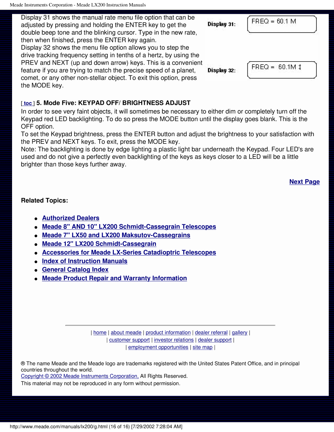 Meade LX200 instruction manual Toc 5. Mode Five Keypad OFF/ Brightness Adjust, Related Topics 