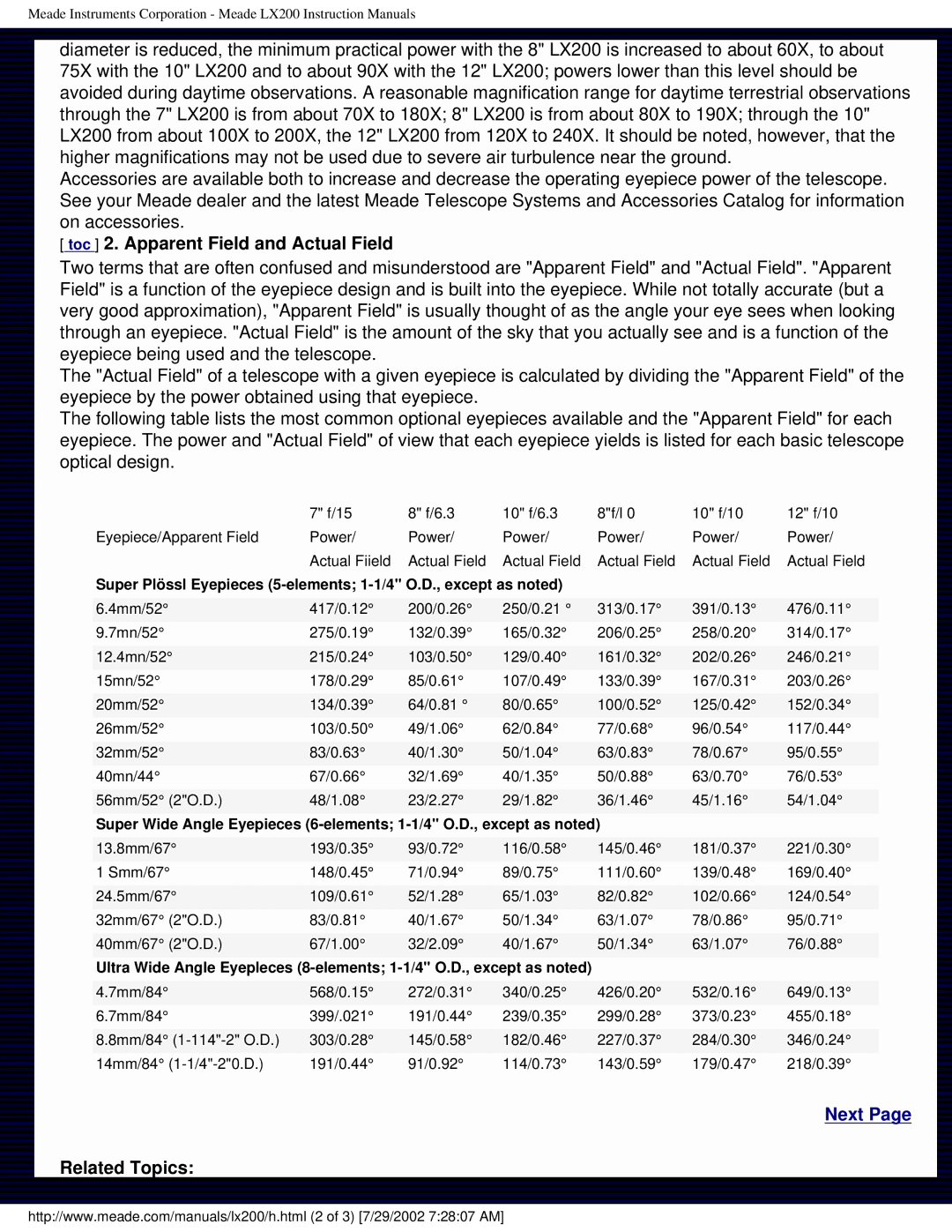 Meade LX200 instruction manual Toc 2. Apparent Field and Actual Field, O.D., except as noted 