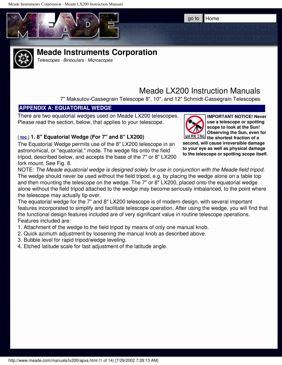 Meade instruction manual Appendix a Equatorial Wedge, Toc 1 Equatorial Wedge For 7 and 8 LX200 