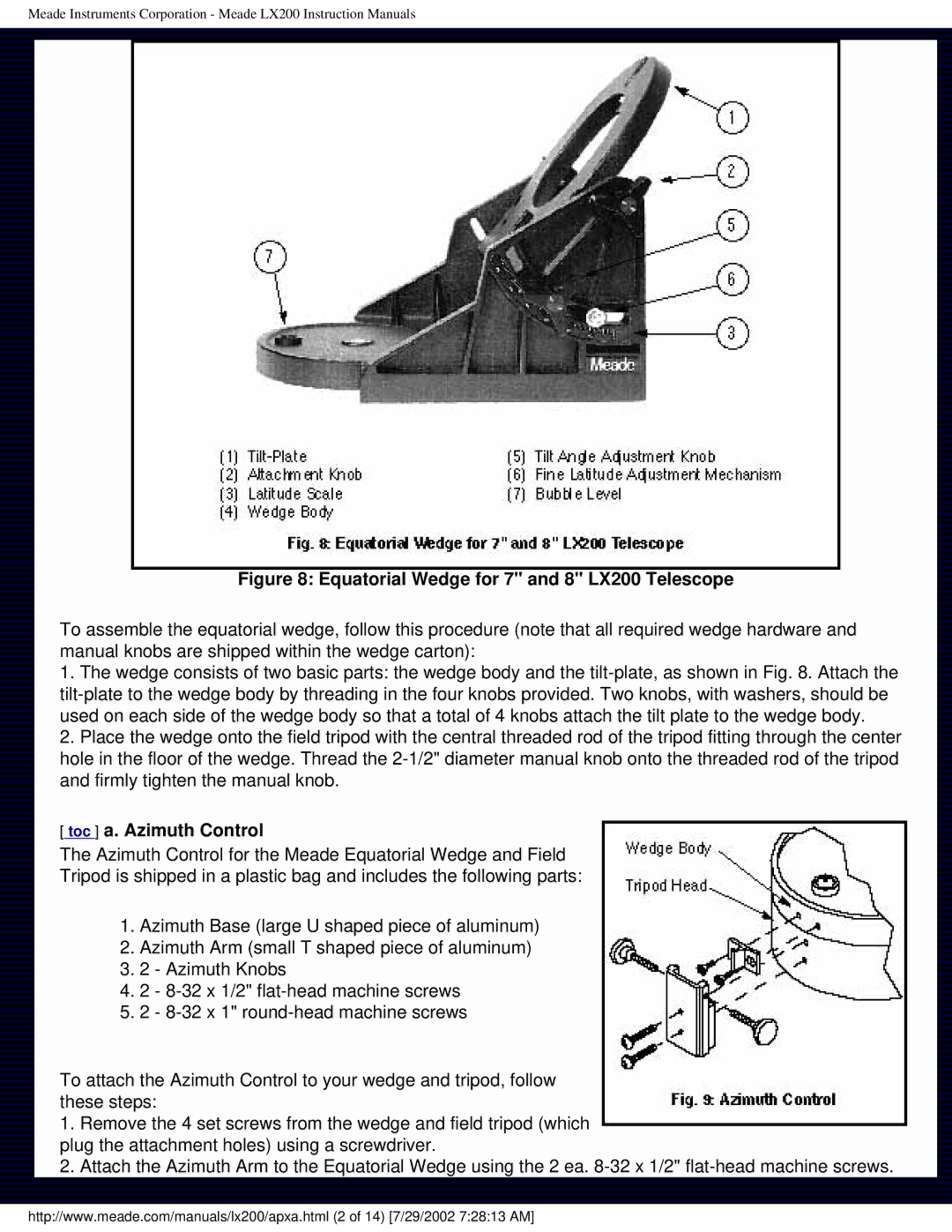 Meade instruction manual Equatorial Wedge for 7 and 8 LX200 Telescope, Toc a. Azimuth Control 