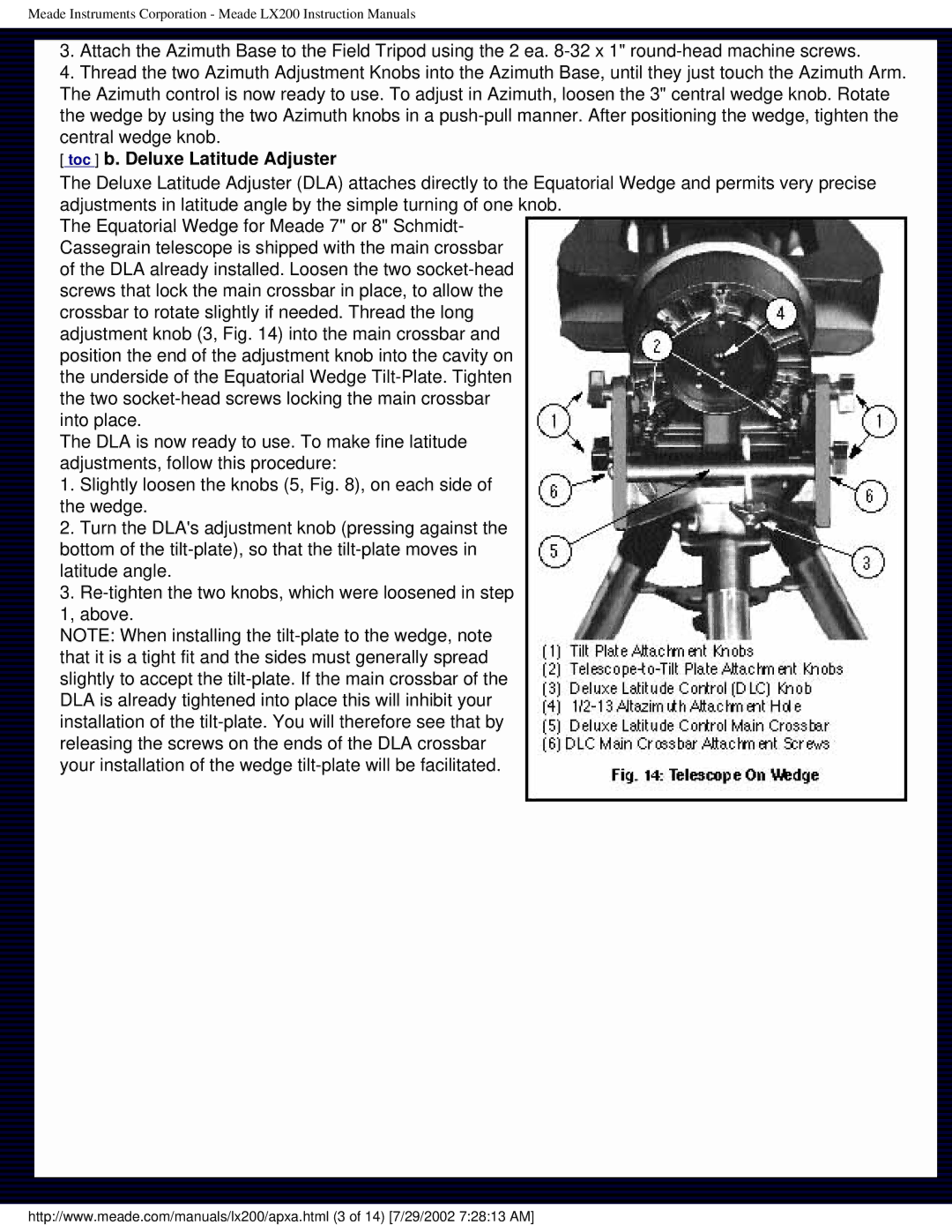 Meade LX200 instruction manual Toc b. Deluxe Latitude Adjuster 