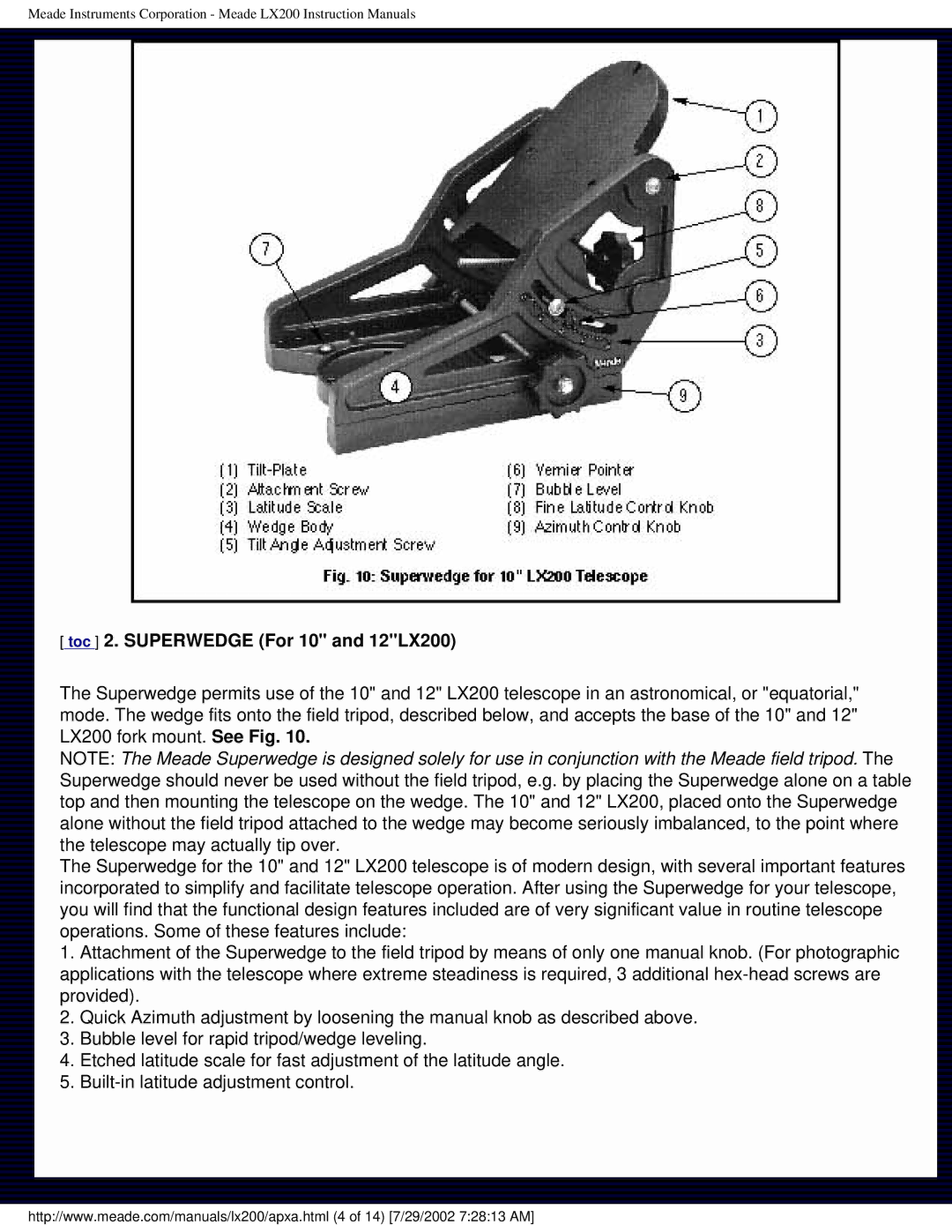 Meade instruction manual Toc 2. Superwedge For 10 and 12LX200 