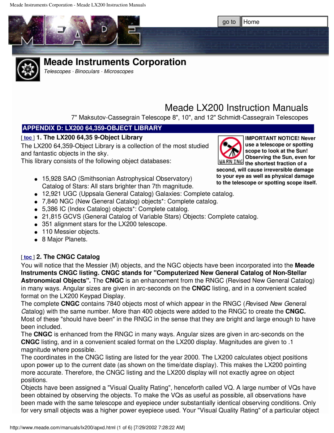 Meade LX200 instruction manual Toc 2. The Cngc Catalog 