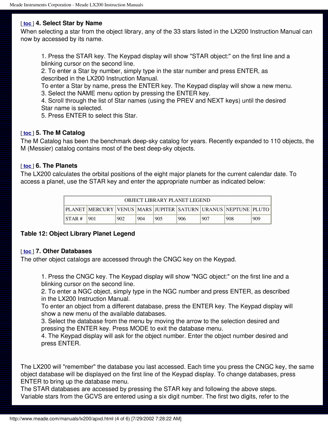 Meade LX200 instruction manual Toc 4. Select Star by Name, Toc 5. The M Catalog, Toc 6. The Planets 