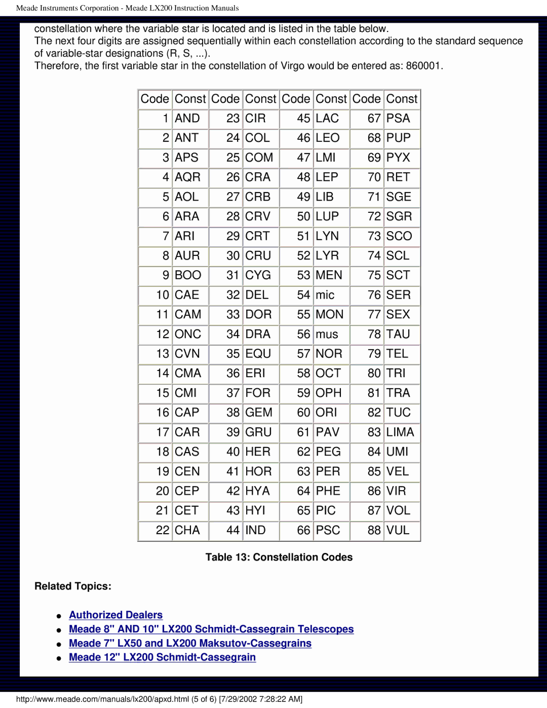 Meade LX200 instruction manual Constellation Codes Related Topics 