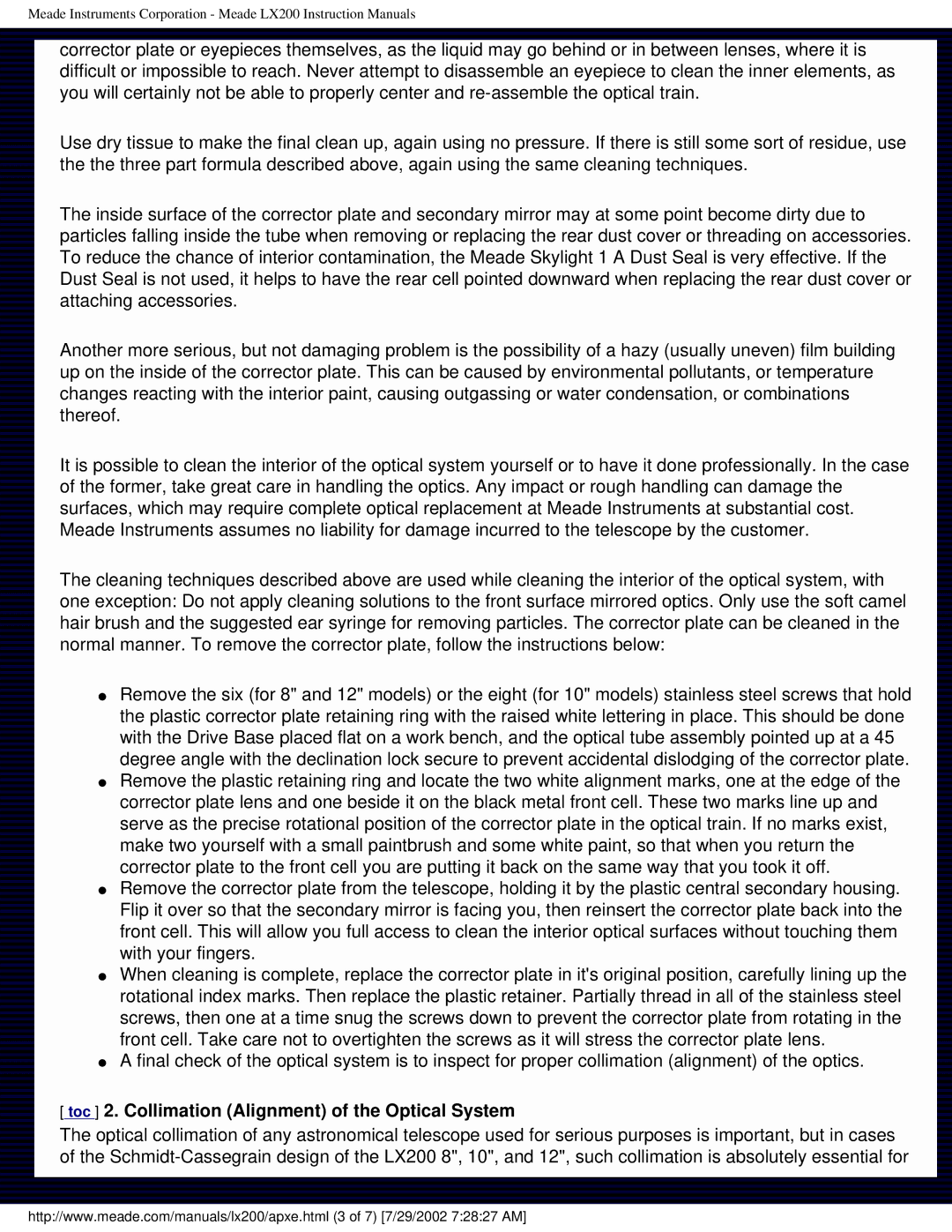 Meade LX200 instruction manual Toc 2. Collimation Alignment of the Optical System 