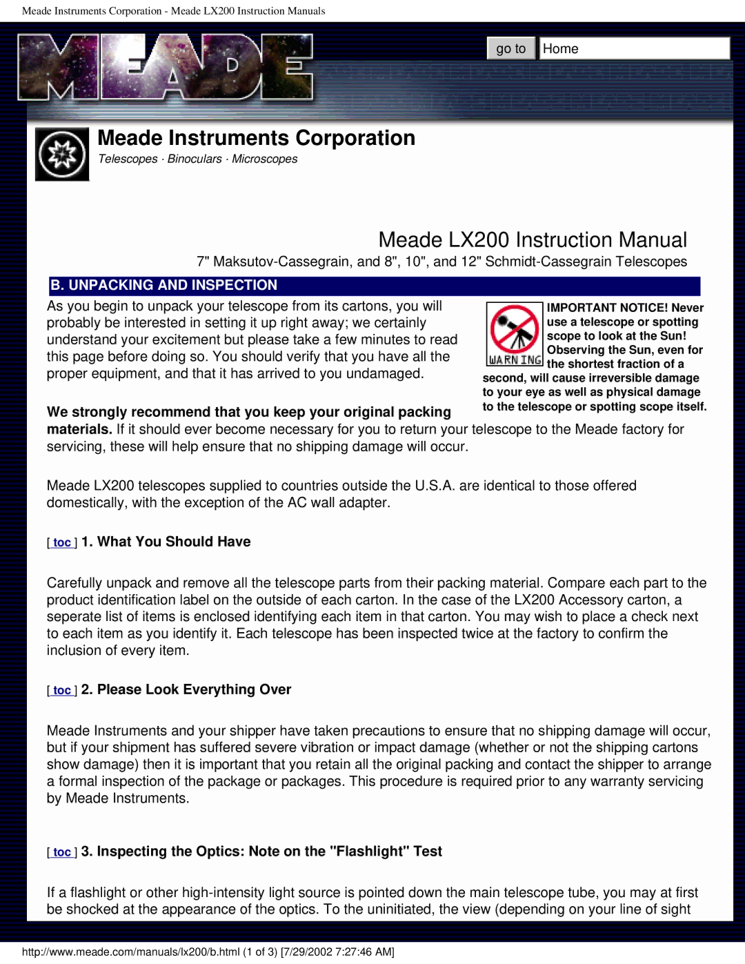 Meade LX200 instruction manual Unpacking and Inspection, We strongly recommend that you keep your original packing 