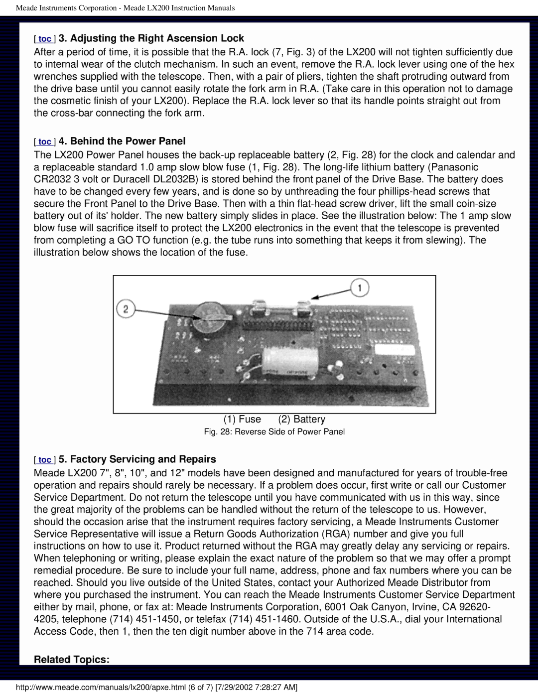 Meade LX200 Toc 3. Adjusting the Right Ascension Lock, Toc 4. Behind the Power Panel, Toc 5. Factory Servicing and Repairs 