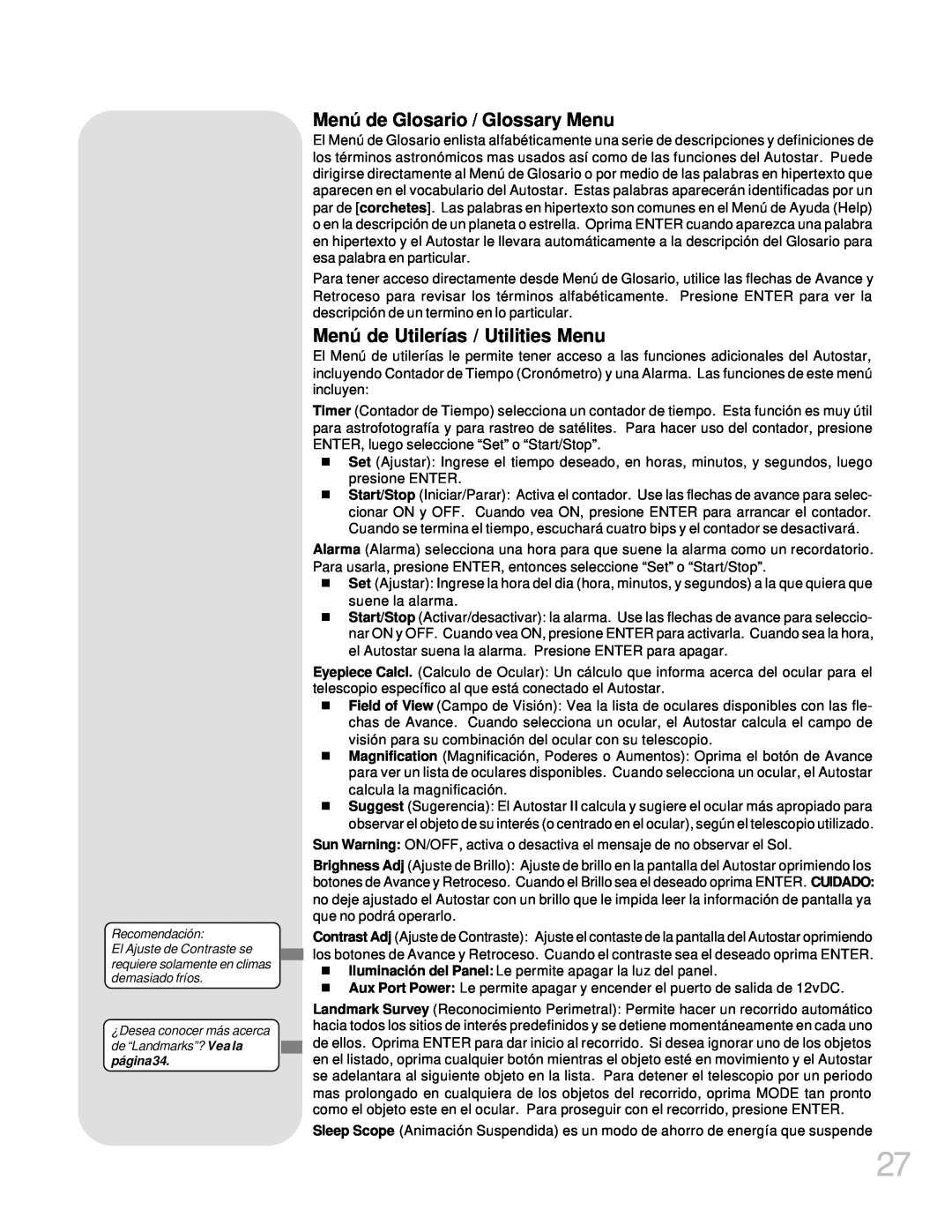 Meade LX200GPS manual Menú de Glosario / Glossary Menu, Menú de Utilerías / Utilities Menu 