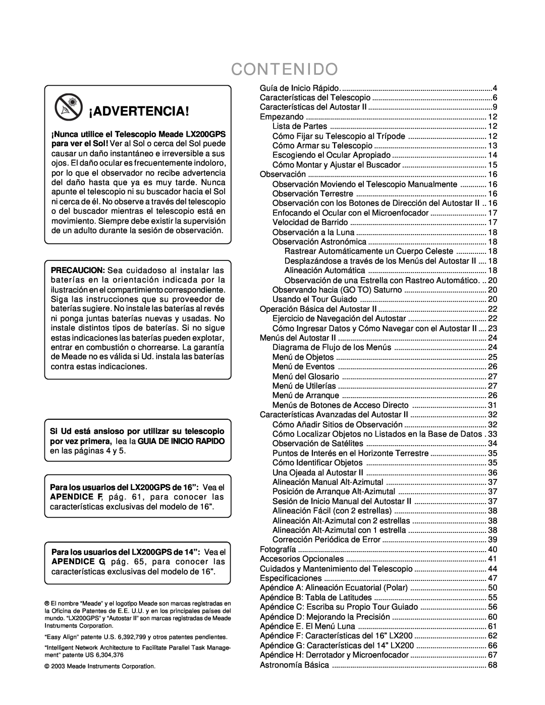 Meade LX200GPS manual Contenido, ¡Advertencia 