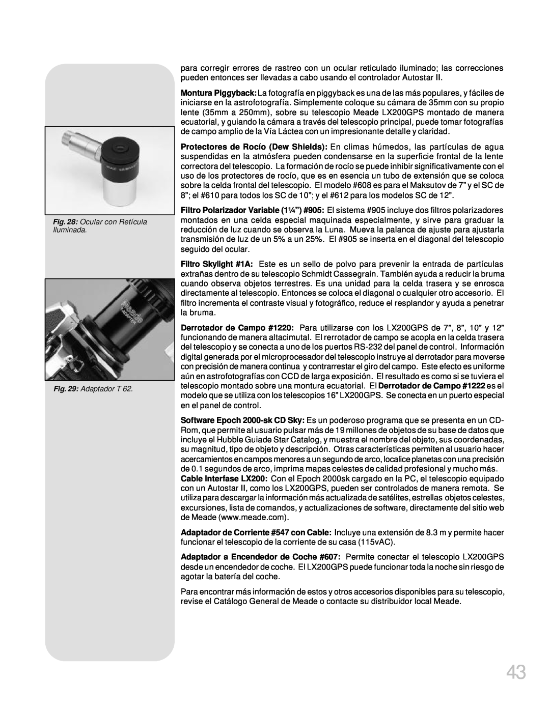 Meade LX200GPS manual Ocular con Retícula Iluminada Adaptador T 