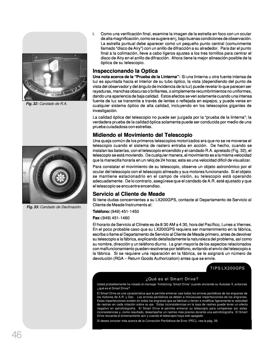Meade LX200GPS manual Inspeccionando la Optica, Midiendo el Movimiento del Telescopio, Servicio al Cliente de Meade 