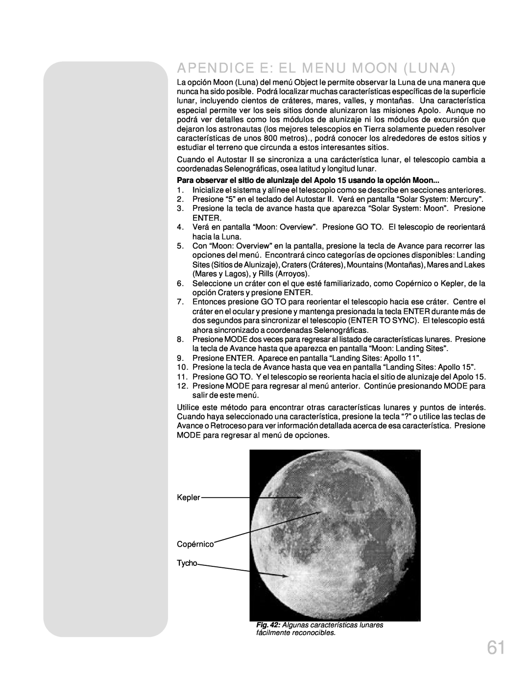 Meade LX200GPS manual Apendice E El Menu Moon Luna, Algunas características lunares fácilmente reconocibles 