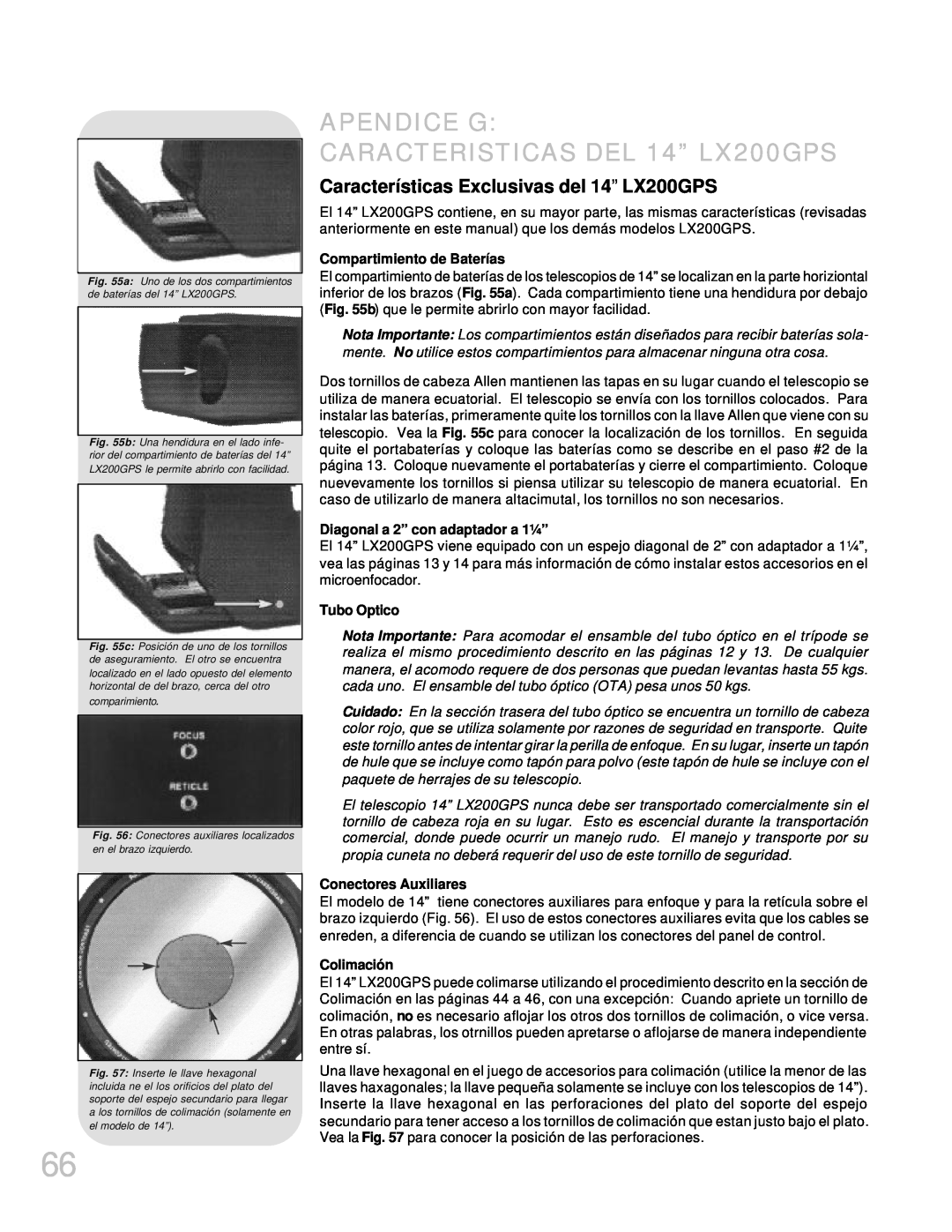 Meade APENDICE G CARACTERISTICAS DEL 14” LX200GPS, Características Exclusivas del 14” LX200GPS, Tubo Optico, Colimación 