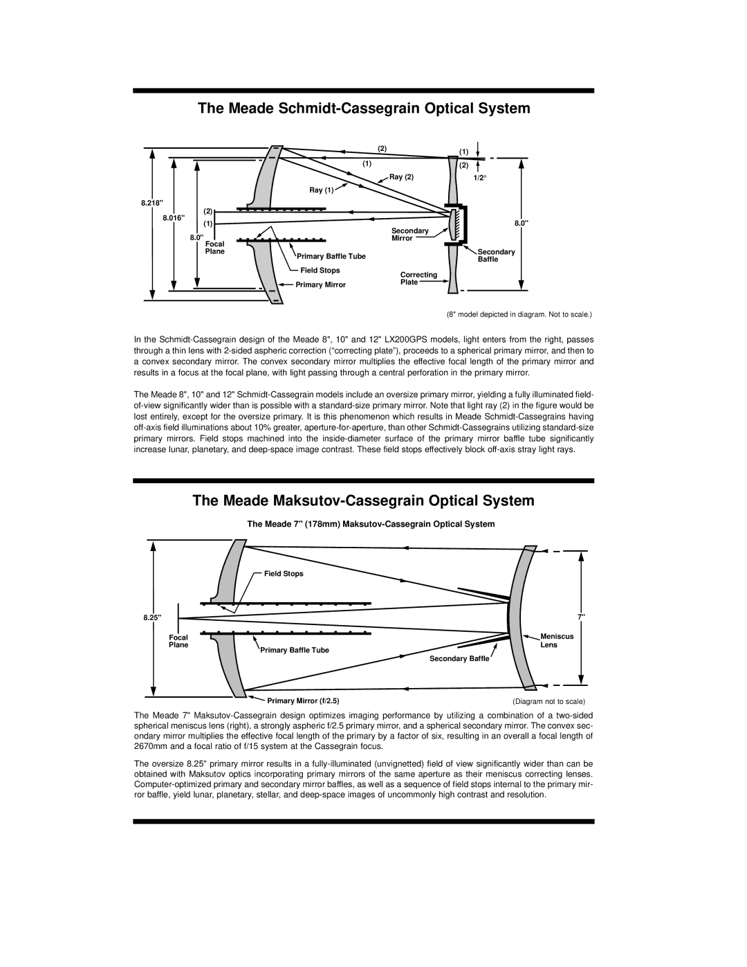 Meade LX200GPS instruction manual Meade Schmidt-Cassegrain Optical System, Meade Maksutov-Cassegrain Optical System 