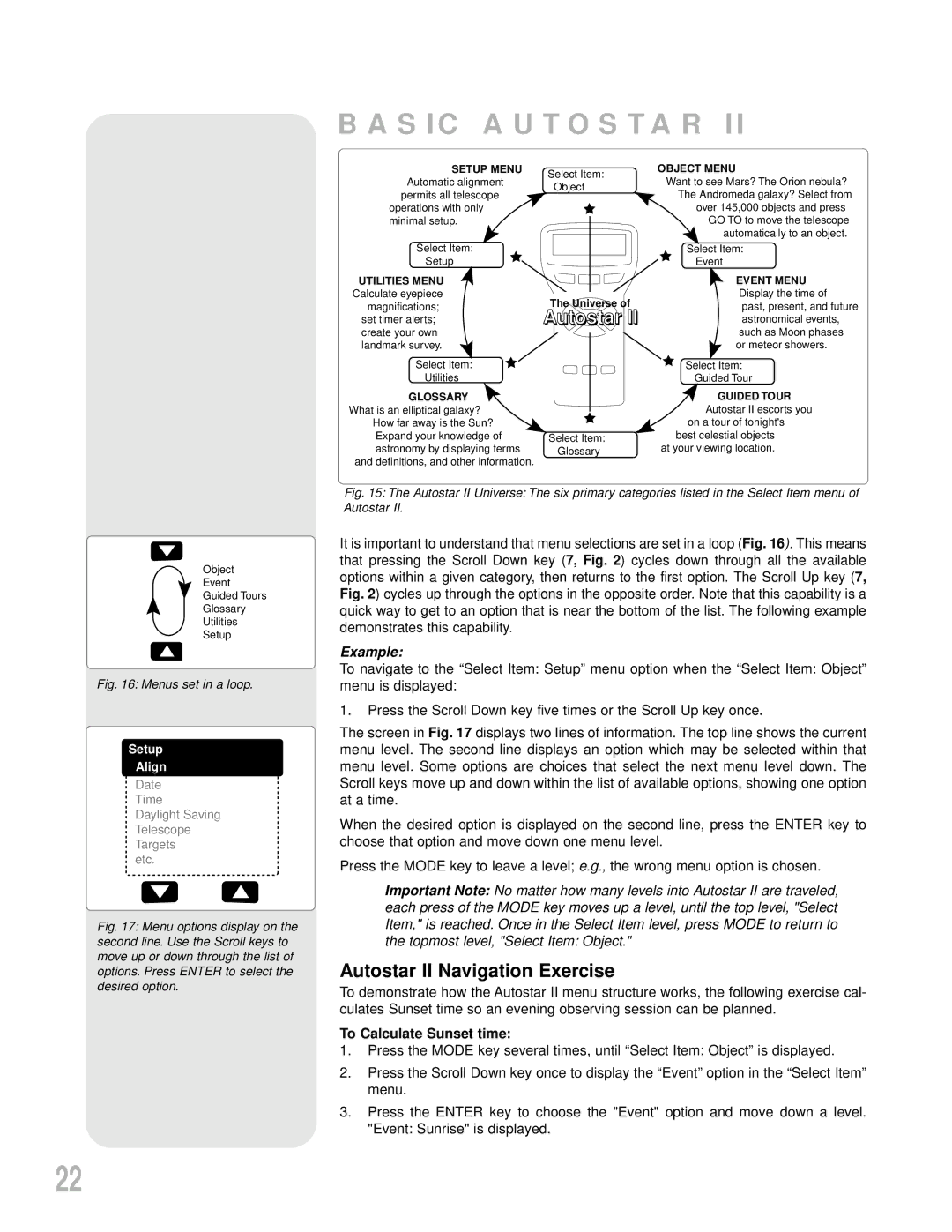 Meade LX200GPS instruction manual Basic Autostar, Autostar II Navigation Exercise, To Calculate Sunset time 