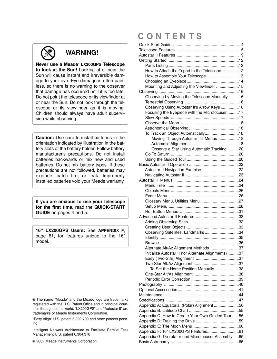 Meade LX200GPS instruction manual Contents 