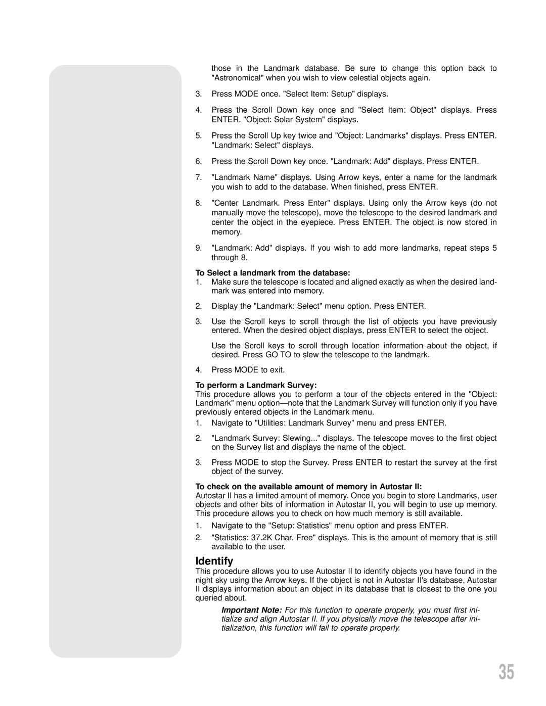 Meade LX200GPS instruction manual Identify, To Select a landmark from the database, To perform a Landmark Survey 