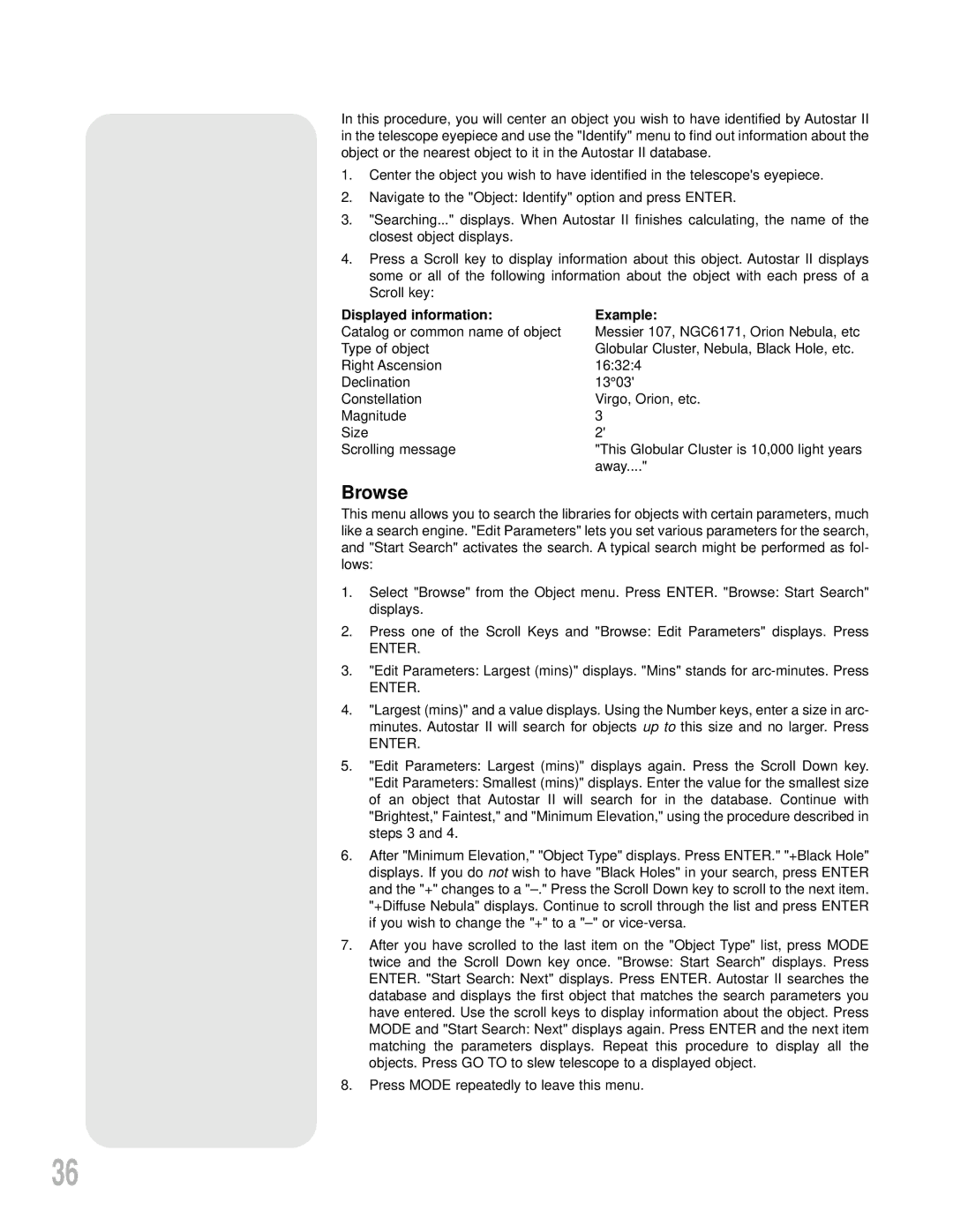 Meade LX200GPS instruction manual Browse, Displayed information Example 