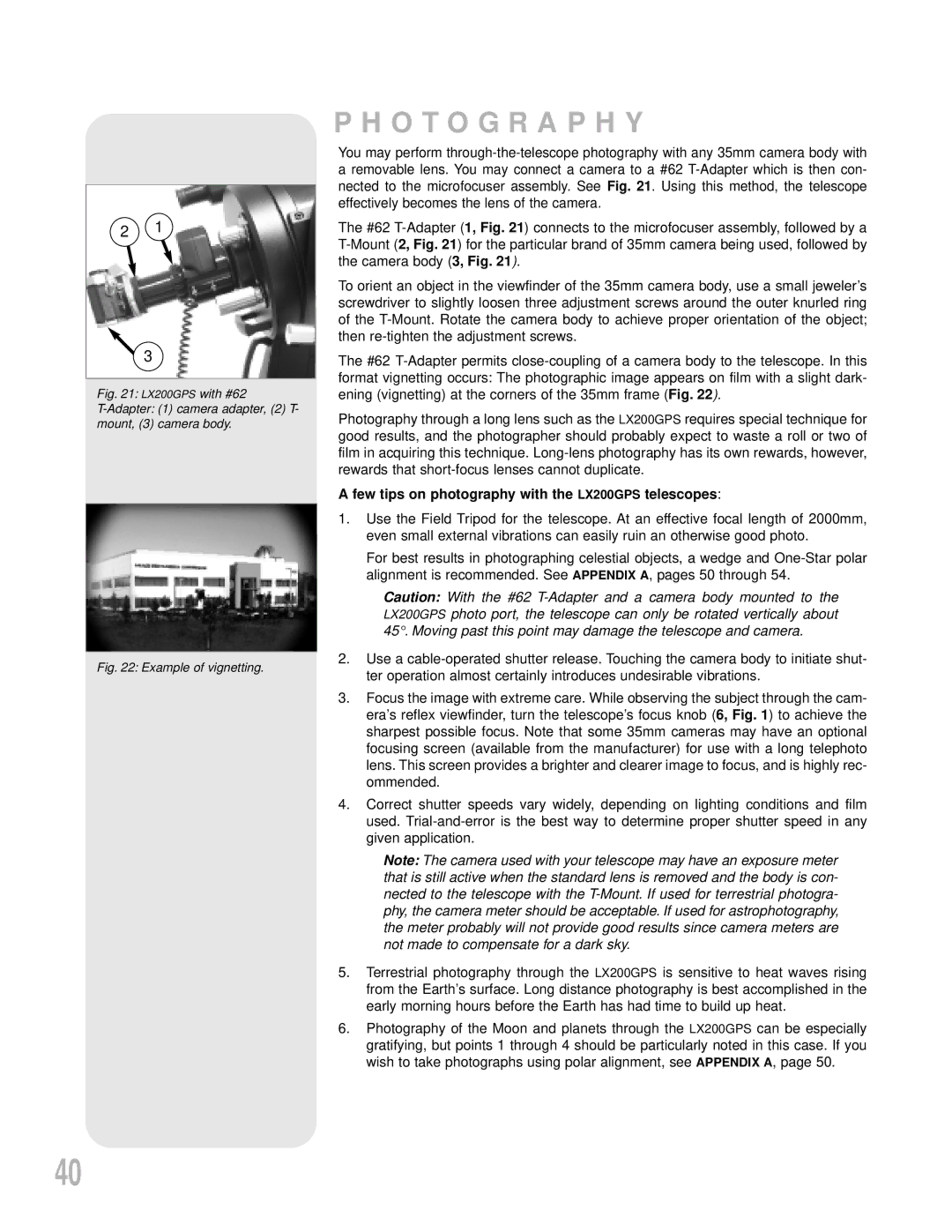 Meade instruction manual Photography, Few tips on photography with the LX200GPS telescopes 