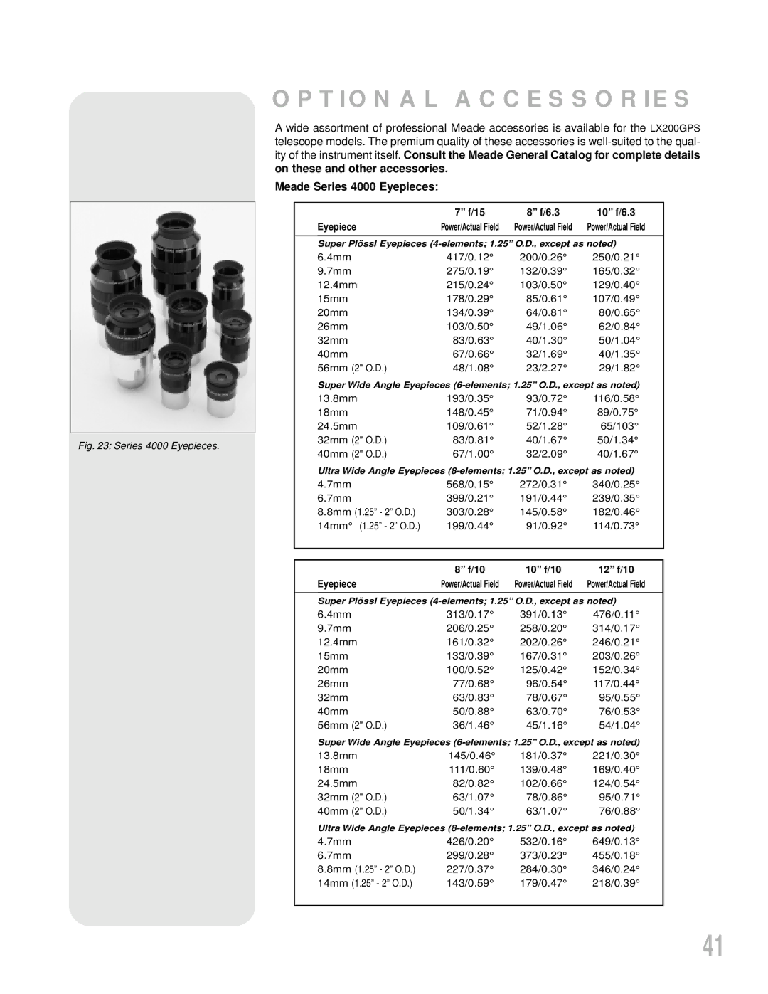 Meade LX200GPS instruction manual Optional Accessories, Meade Series 4000 Eyepieces 