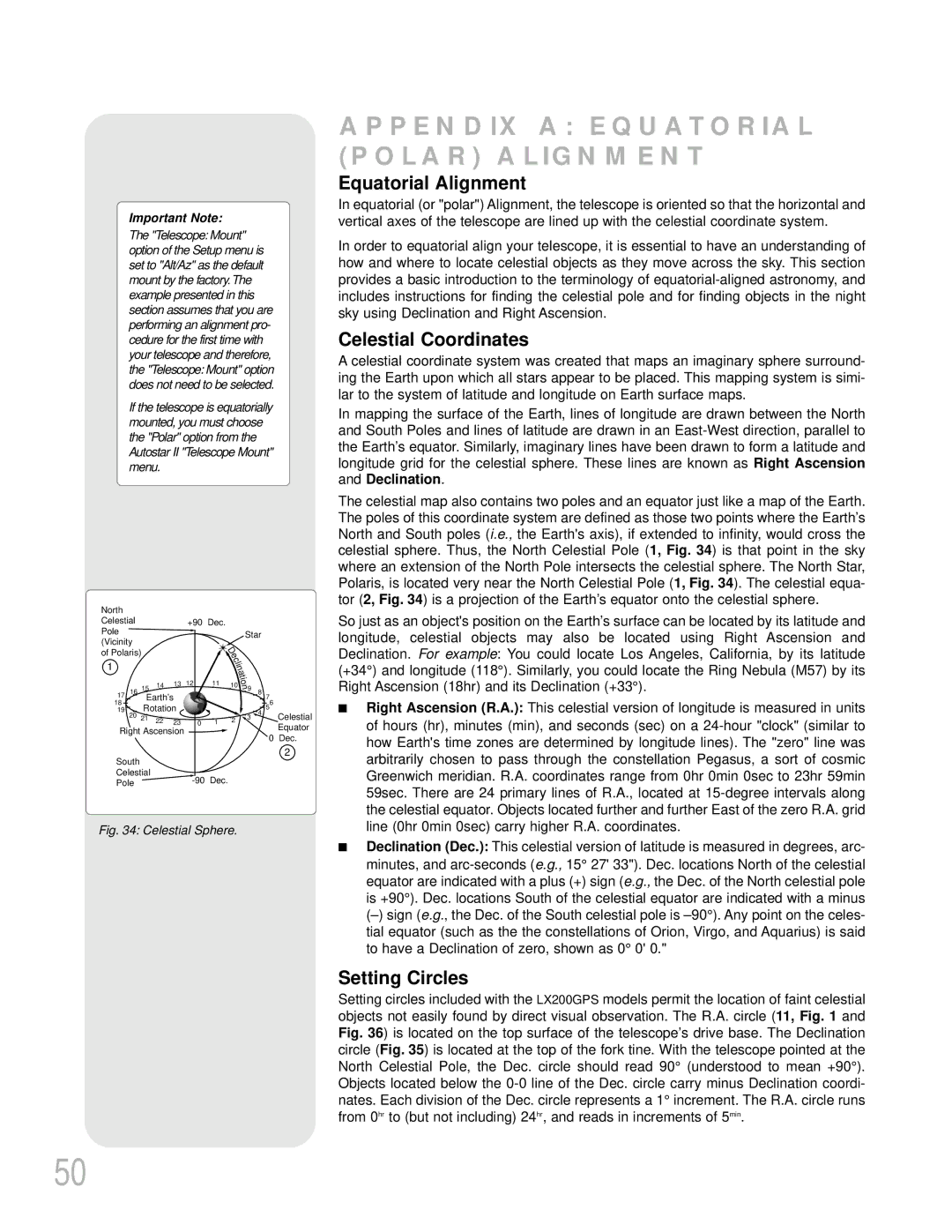 Meade LX200GPS instruction manual Equatorial Alignment, Celestial Coordinates, Setting Circles 