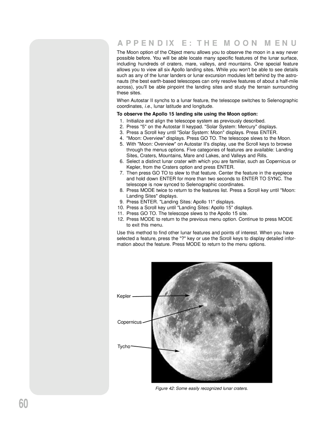 Meade LX200GPS instruction manual Appendix E the Moon Menu, To observe the Apollo 15 landing site using the Moon option 