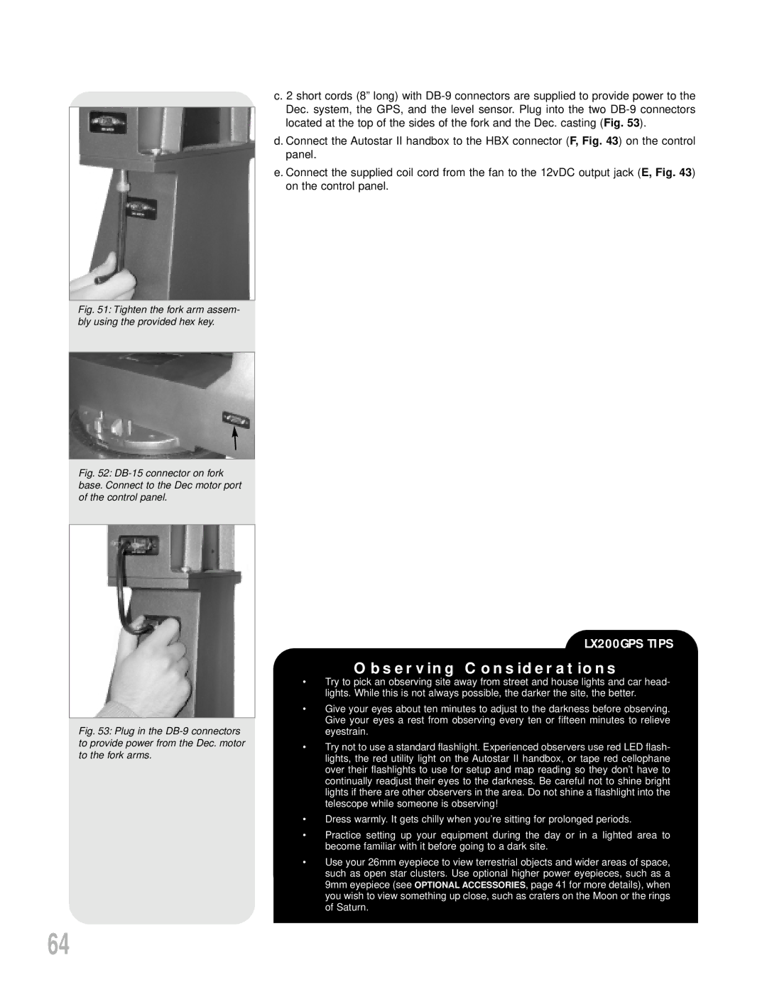 Meade LX200GPS instruction manual Observing Considerations, Tighten the fork arm assem- bly using the provided hex key 