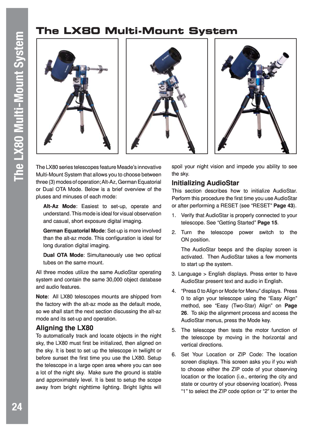 Meade instruction manual The LX80 Multi-Mount System, Initializing AudioStar, Aligning the LX80 