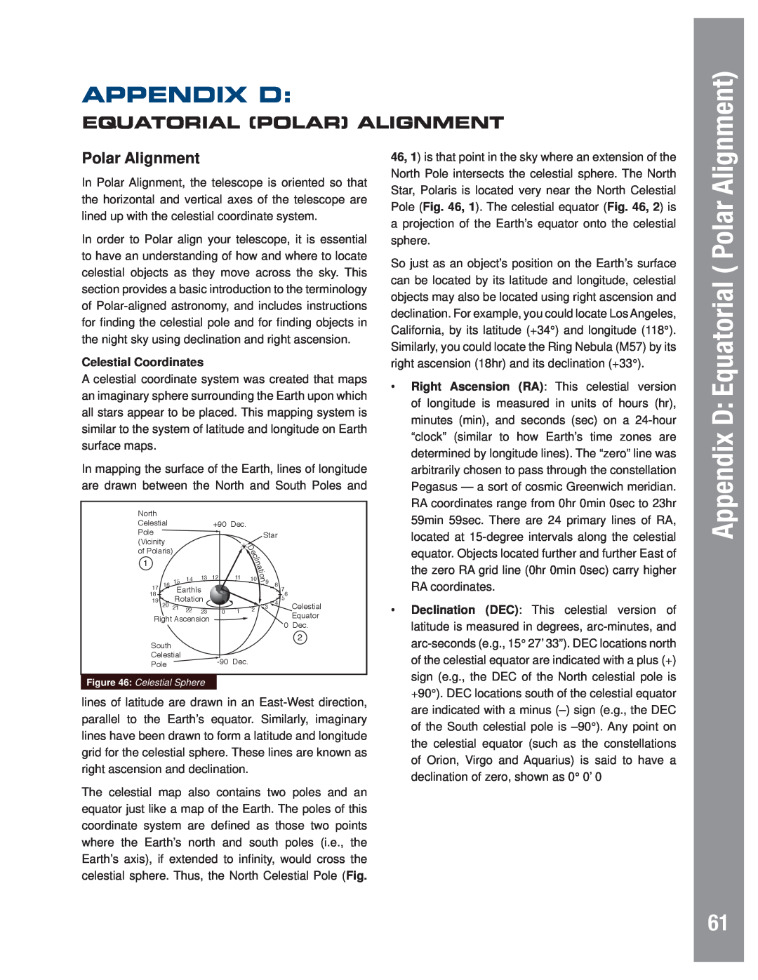 Meade LX80 instruction manual Appendix D Equatorial Polar, Equatorial Polar Alignment, Celestial Coordinates 