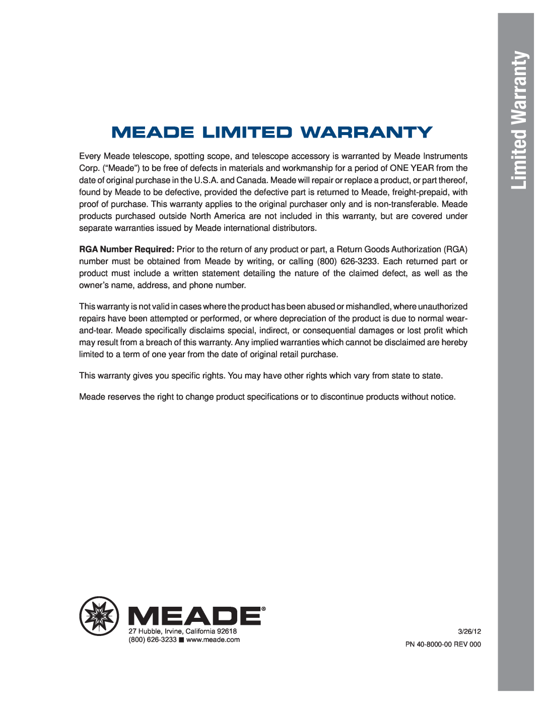 Meade LX80 instruction manual Meade Limited Warranty 