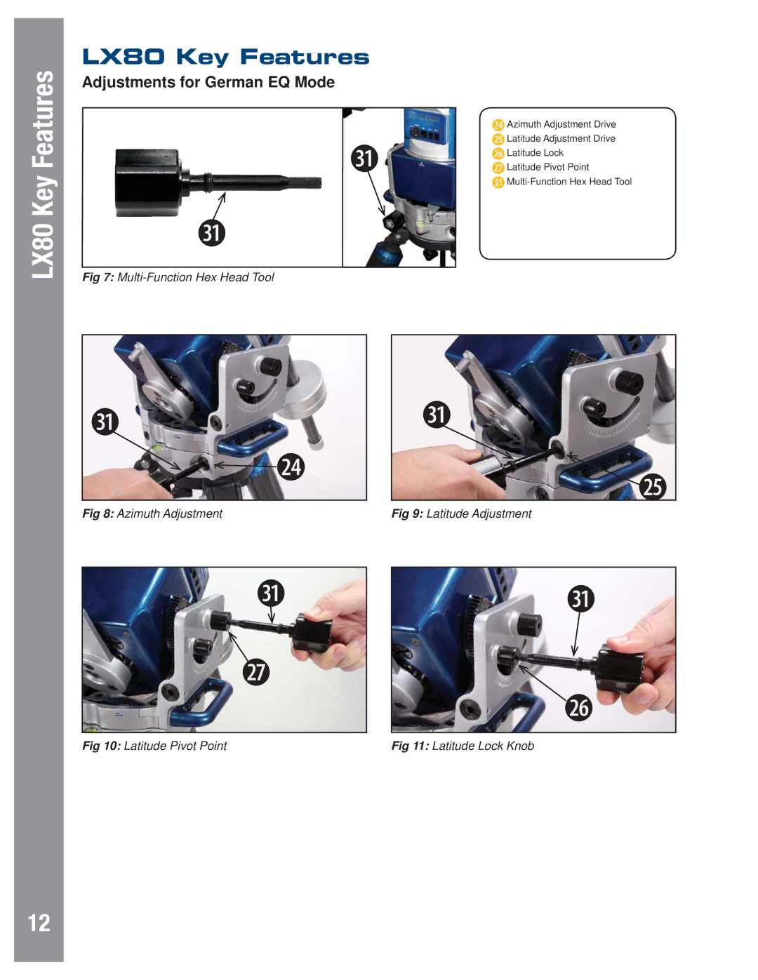 Meade LX80 instruction manual Adjustments for German EQ Mode, Latitude Adjustment Latitude Lock Knob 