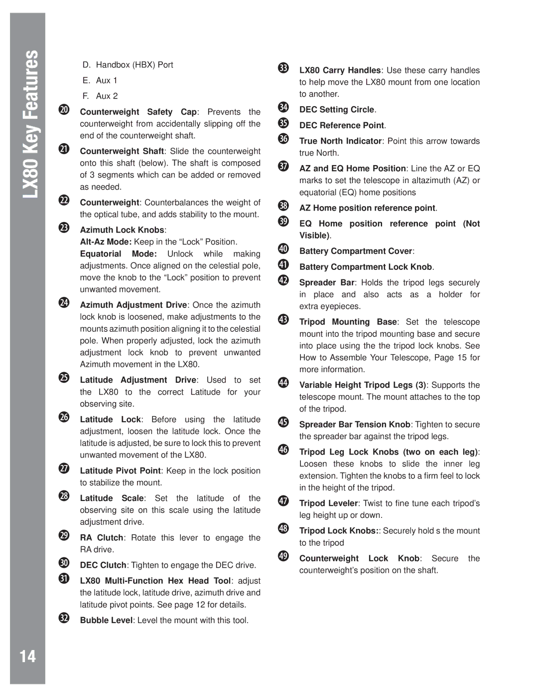 Meade LX80 instruction manual Azimuth Lock Knobs, DEC Setting Circle DEC Reference Point 