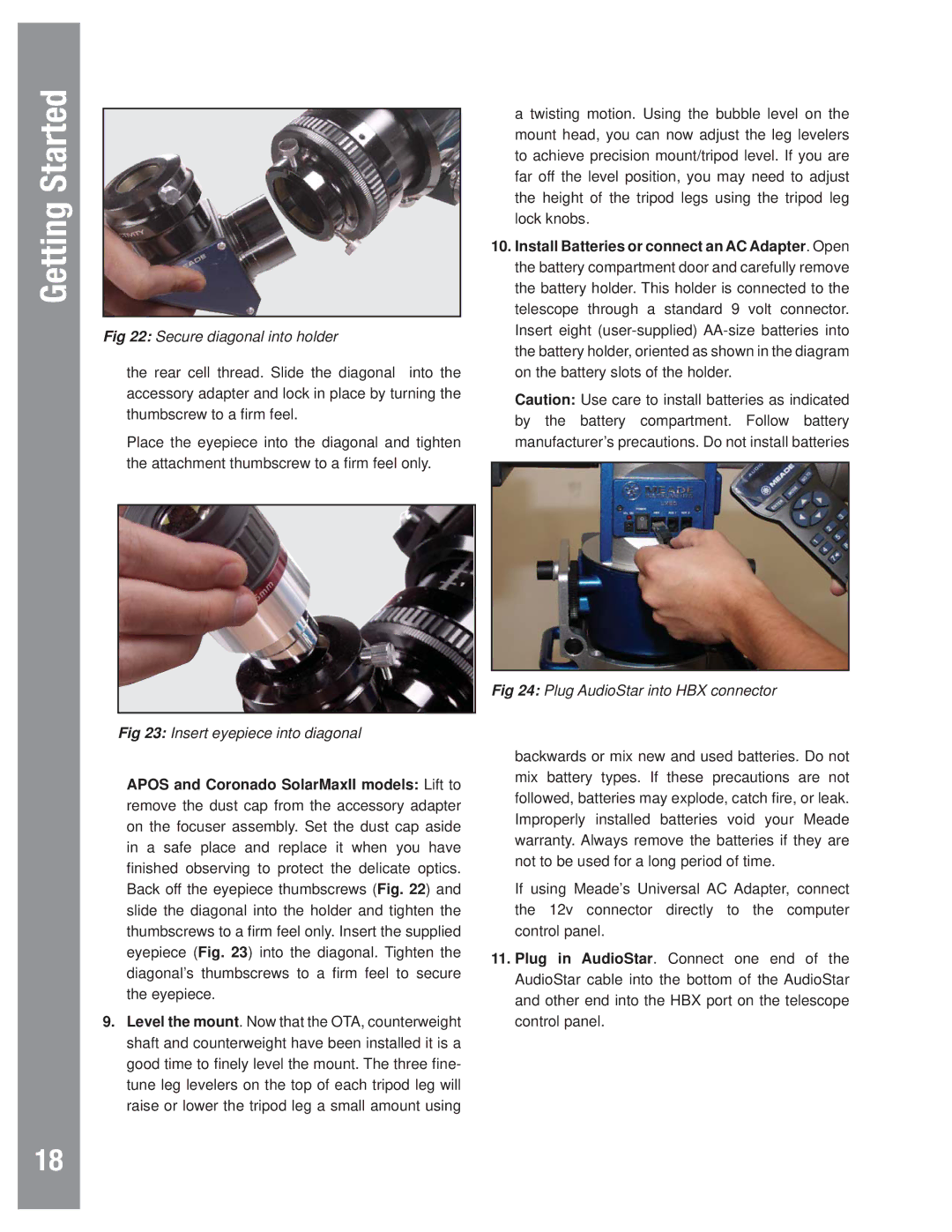 Meade LX80 instruction manual Secure diagonal into holder, Insert eyepiece into diagonal, Plug AudioStar into HBX connector 