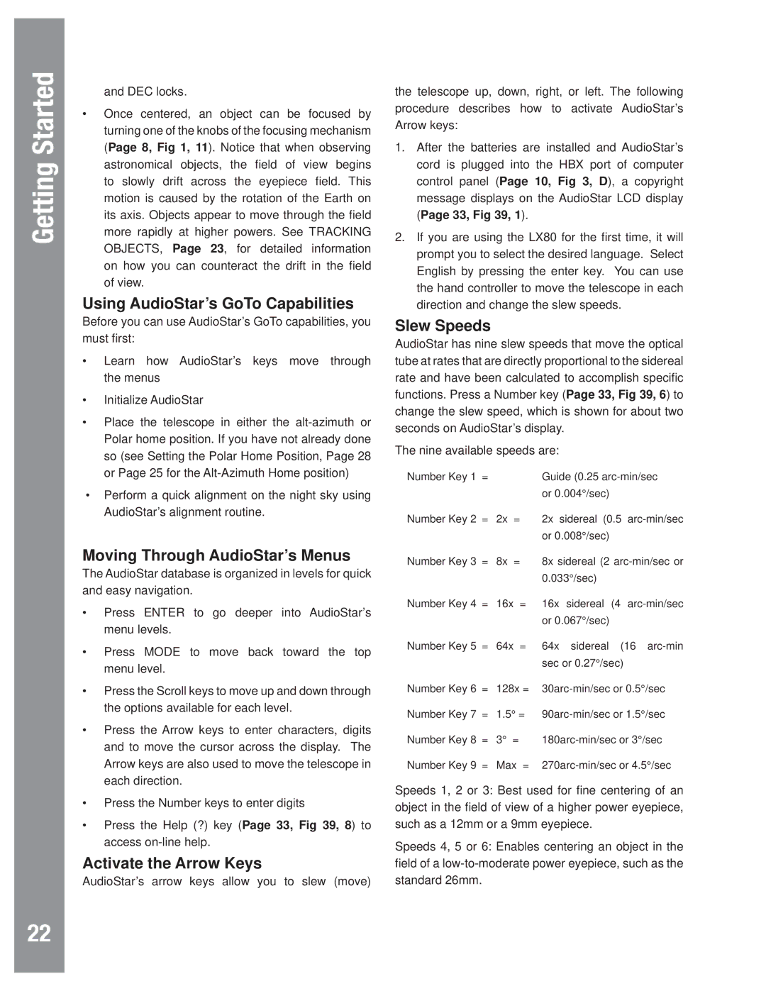 Meade LX80 Using AudioStar’s GoTo Capabilities, Moving Through AudioStar’s Menus, Activate the Arrow Keys, Slew Speeds 