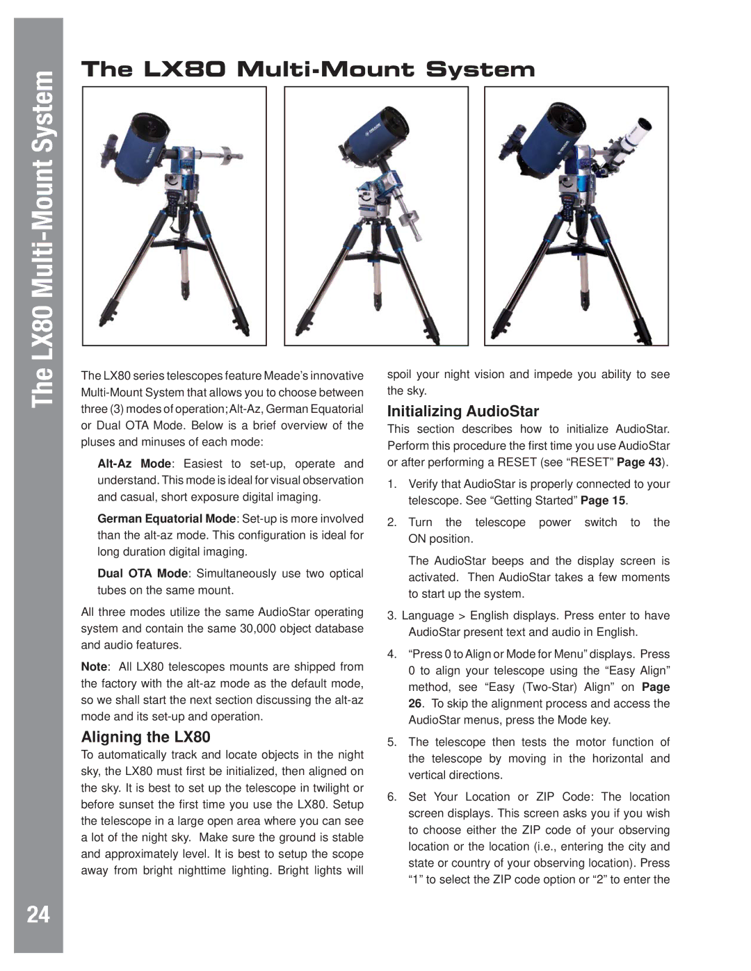 Meade instruction manual LX80 Multi-Mount System, Initializing AudioStar, Aligning the LX80 