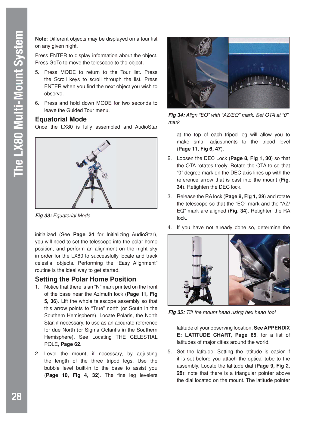 Meade LX80 instruction manual Equatorial Mode, Setting the Polar Home Position, Align EQ with AZ/EQ mark. Set OTA at 0 mark 