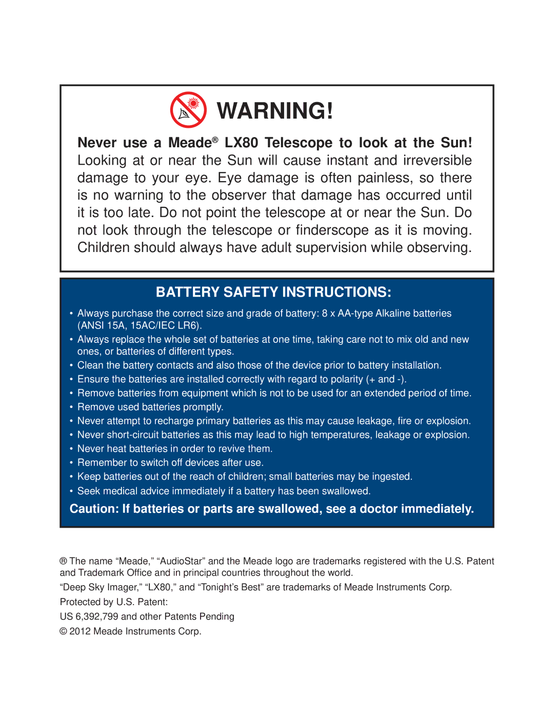 Meade LX80 instruction manual Battery Safety Instructions 