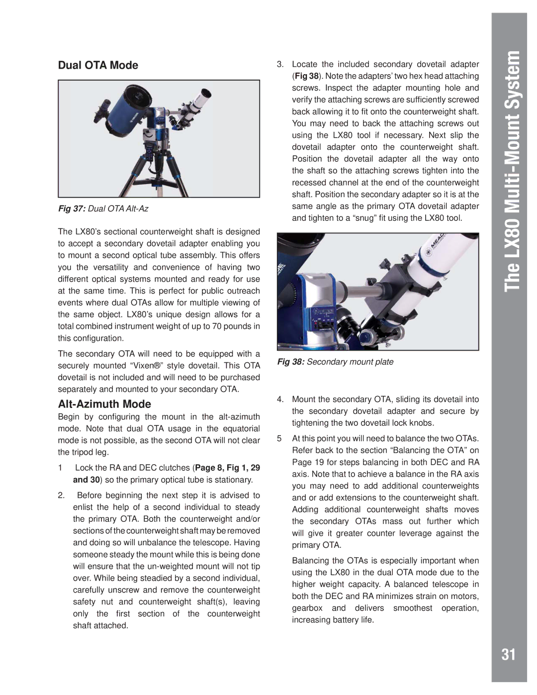 Meade LX80 instruction manual Dual OTA Mode, Dual OTA Alt-Az, Secondary mount plate 