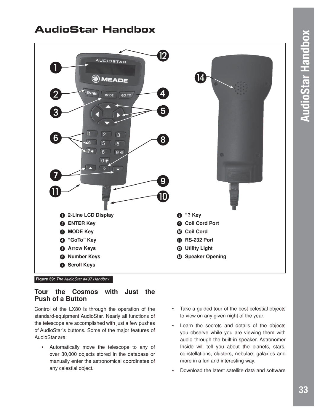 Meade LX80 instruction manual AudioStar Handbox, Tour the Cosmos with Just the Push of a Button, Scroll Keys 