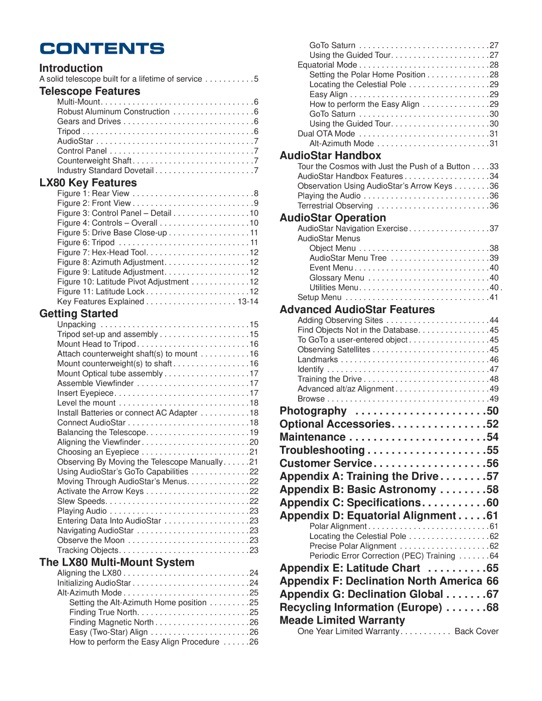 Meade LX80 instruction manual Contents 