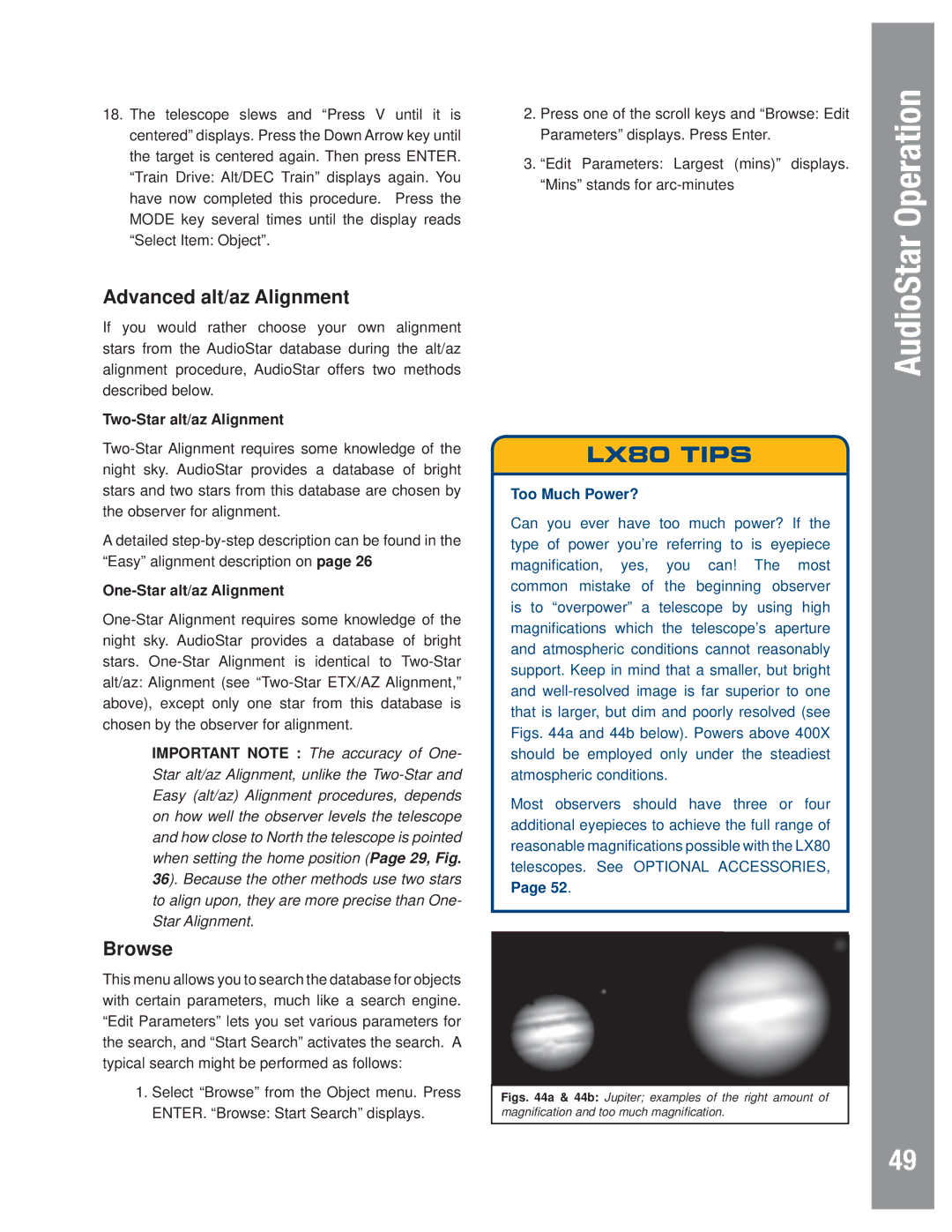 Meade LX80 instruction manual Advanced alt/az Alignment, Browse, Two-Star alt/az Alignment, One-Star alt/az Alignment 