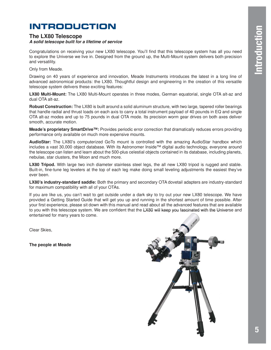 Meade instruction manual Introduction, LX80 Telescope, People at Meade 