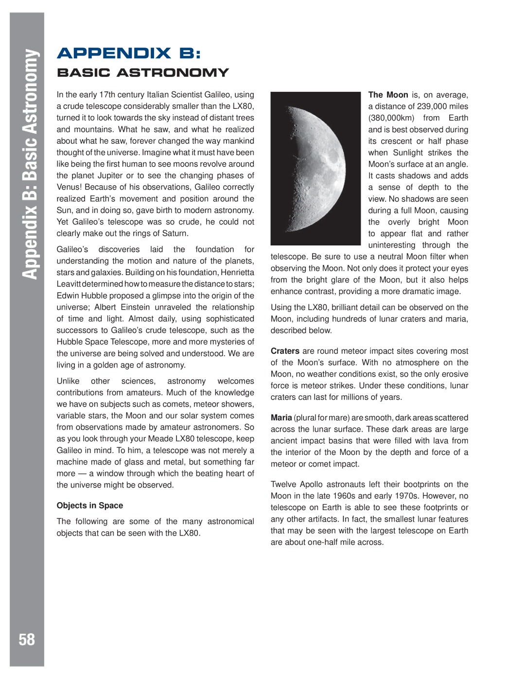 Meade LX80 instruction manual Appendix B, Objects in Space 