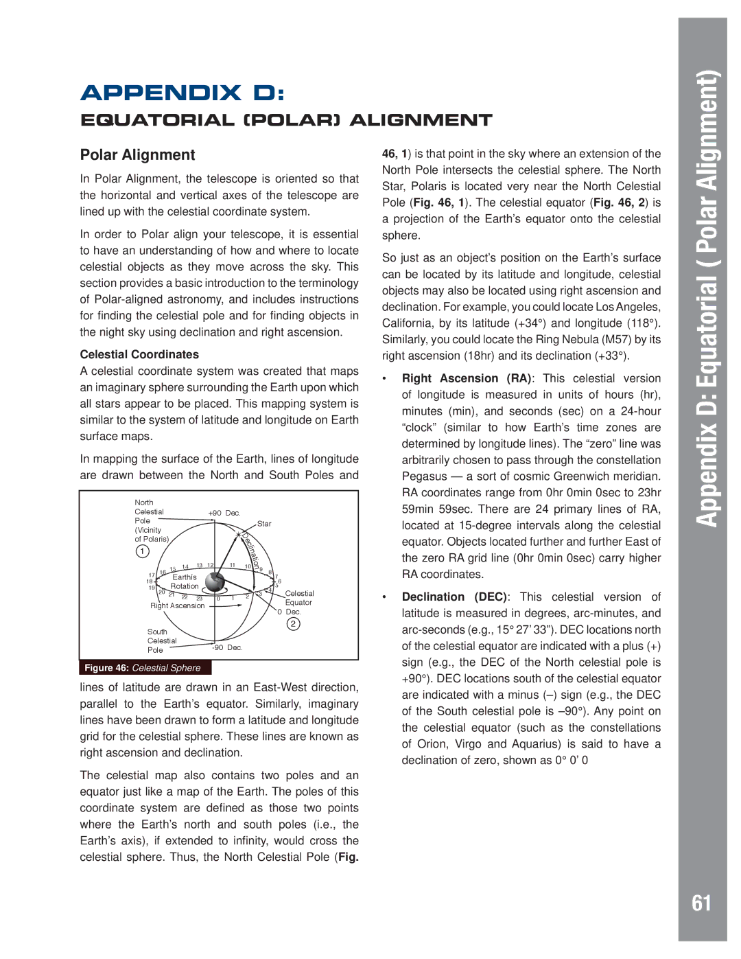 Meade LX80 instruction manual Appendix D, Polar Alignment, Celestial Coordinates 