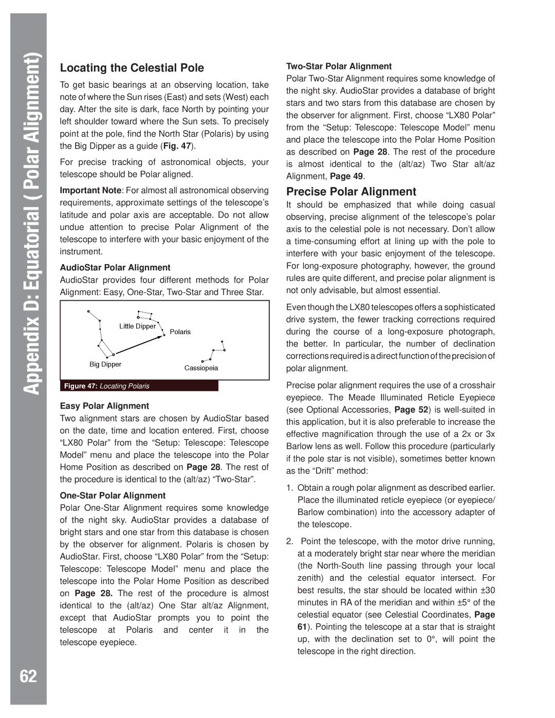 Meade LX80 Precise Polar Alignment, AudioStar Polar Alignment, Easy Polar Alignment, One-Star Polar Alignment 