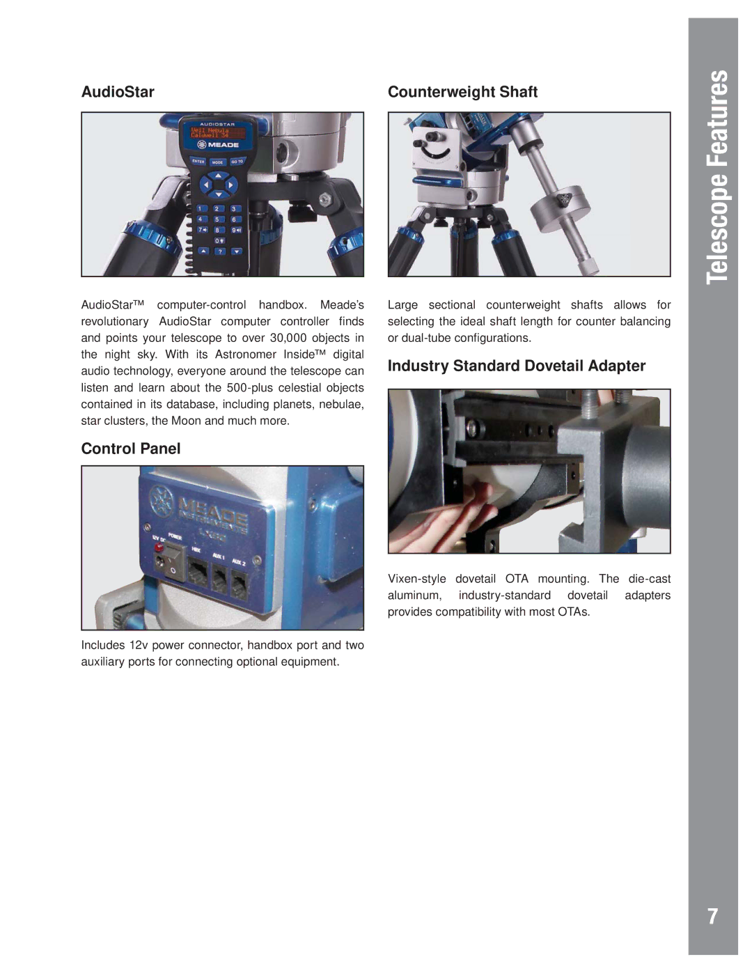 Meade LX80 instruction manual AudioStar Counterweight Shaft, Control Panel, Industry Standard Dovetail Adapter 