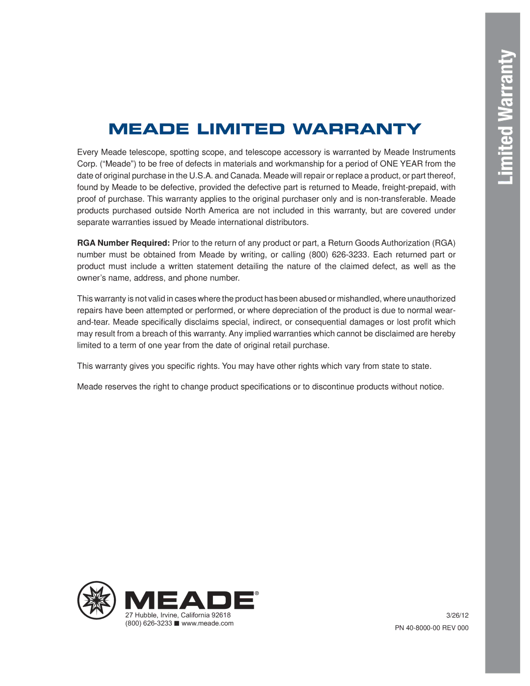 Meade LX80 instruction manual Meade Limited Warranty 