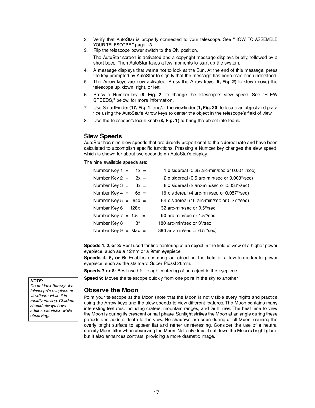 Meade LX90 instruction manual Slew Speeds, Observe the Moon 